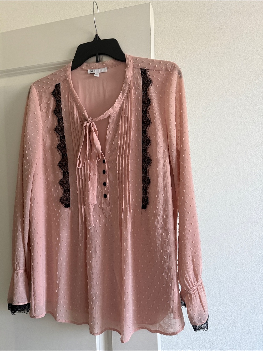 DR2 Blush Pink Tie-Neck Blouse with Black Lace Trim
